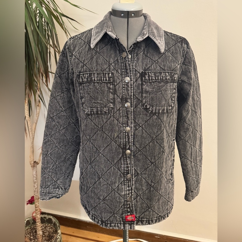 Dickies Quilted Acid Wash Denim Shacket - Gray/Black, Corduroy Collar
